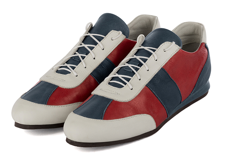 Off white, scarlet red and denim blue three-tone dress sneakers for men. Round toe. Flat wedge soles. Front view - Florence KOOIJMAN